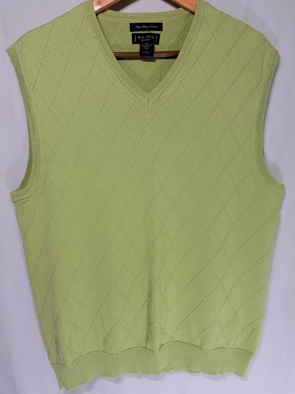 W.H. Belk 100% Pima Cotton Diamond Knit Sweater Vest Men's Large Green